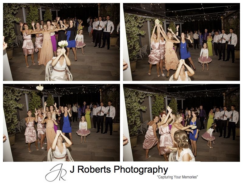 Throwing the bouquet in the courtyard at Gunners' Barracks Mosman - sydney wedding photography 
